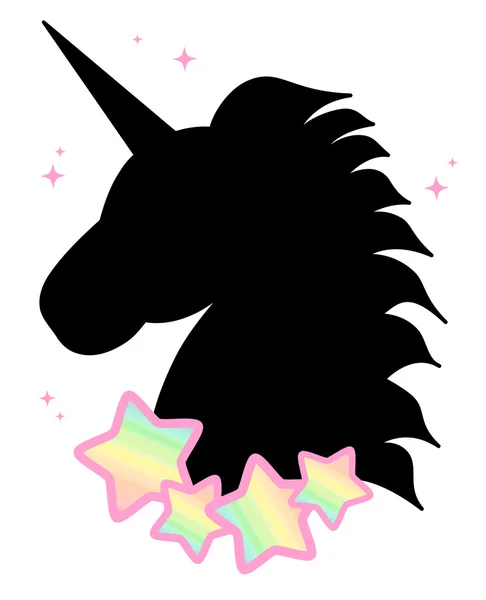 Silueta de unicornio negro fantasía lindo con estrellas de arco iris fondo ilustración — Foto de Stock