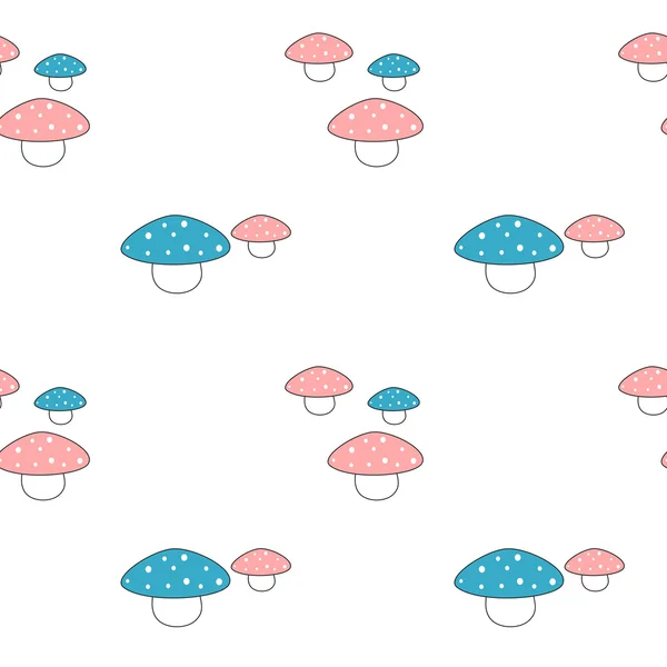 Mignon dessin animé bleu rose et blanc champignon motif vectoriel sans couture illustration de fond — Image vectorielle