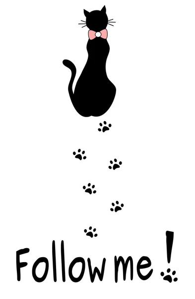 Volg mij offerte met zwarte schattige kat silhouet vectorillustratie kaart — Stockvector