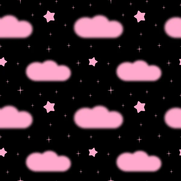 Cute black night with pink clouds and stars seamless pattern background illustration — Stock Photo, Image