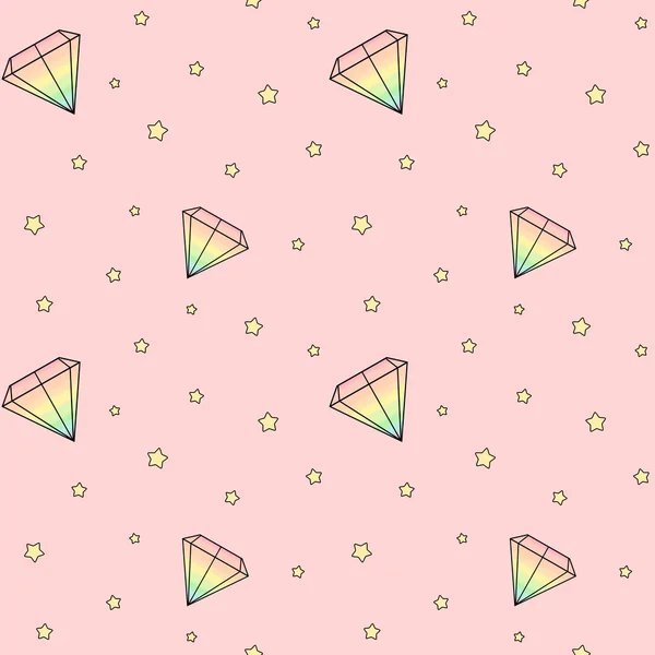 cute cartoon rainbow watercolor diamonds on pink background with yellow stars seamless pattern illustration