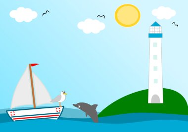güzel bir güneşli gün komik karikatür illüstrasyon yılında deniz feneri