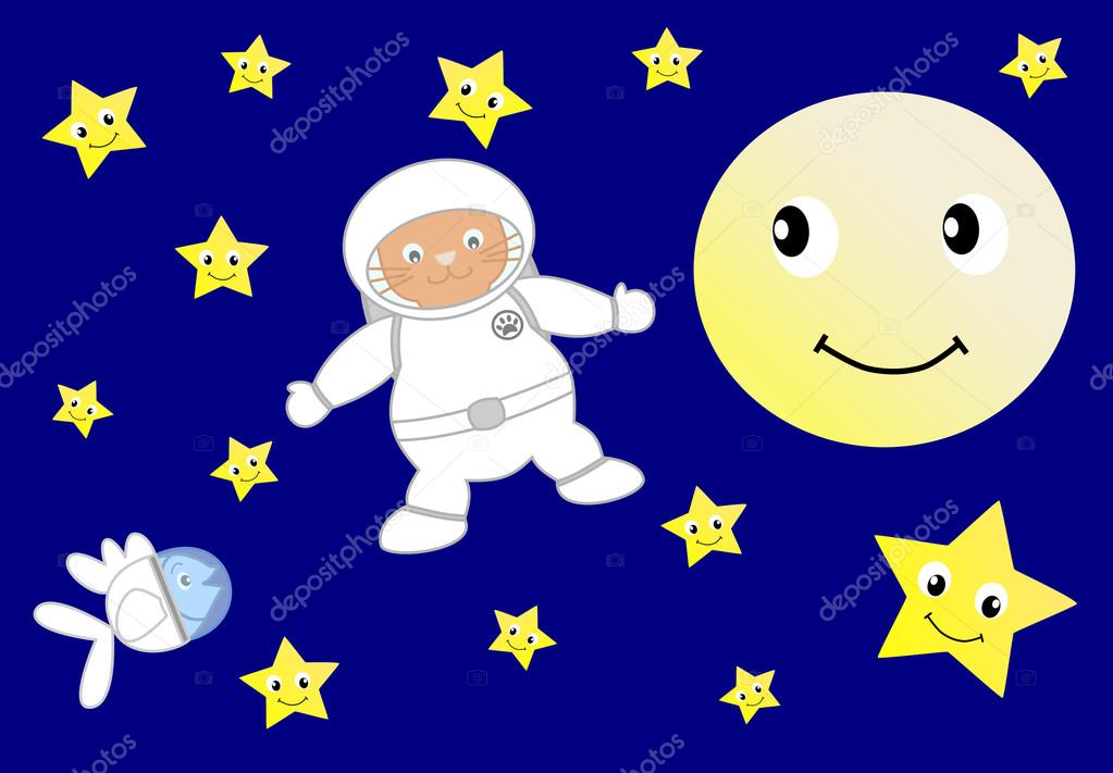 Chat Orange Astronaute Avec Poisson Astronaute Peu Bleu Sur