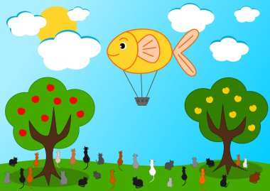Balık sıcak hava balonu ve aç kediler komik karikatür çizimi