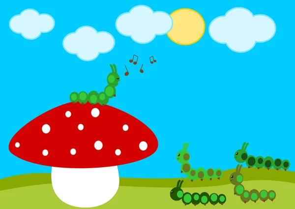 Raupenkonzert auf dem roten Pilz lustige Cartoon-Illustration — Stockfoto