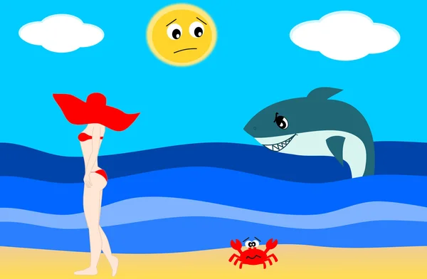 The bad shark and the beautiful lady on the beach funny cute illustration — Stock Photo, Image