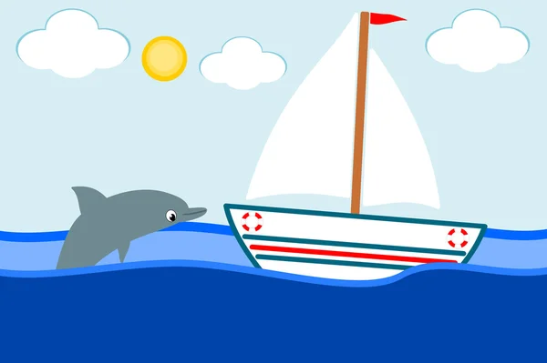 Лодка в море и улыбающийся дельфин милая смешная иллюстрация мультфильма — стоковое фото