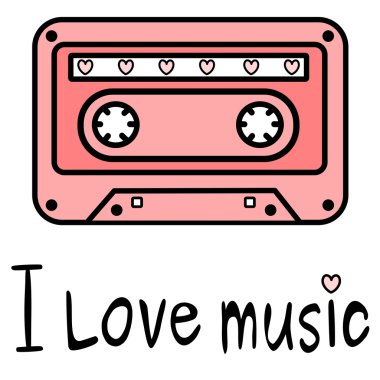 Ben pembe müzik kasetle sevimli çizgi seviyorum müzik alıntı vektör çizim