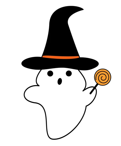 Vetor do Stock: Coloring page. Black and white vector illustration with  happy pumpkin in witch hat. Lettering `Happy Halloween`.