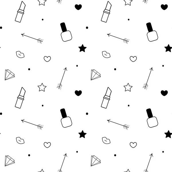 Черный белый бесшовный векторный рисунок фона с помадой, лак для ногтей, губы, алмаз, стрелка, звезда и сердце — стоковый вектор
