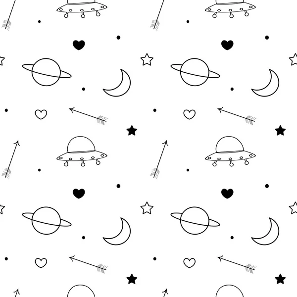 Illustration de fond de motif vectoriel sans couture doodle noir et blanc avec lune, planète, étoiles, coeur, flèches et ufo — Image vectorielle