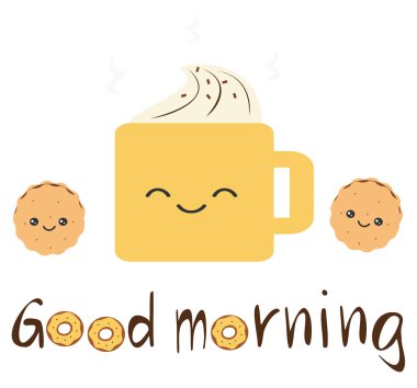 sevimli vektör Günaydın teklifle karikatür Çerezler, krem şanti ve donuts kahve