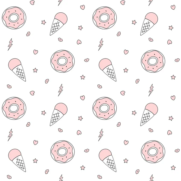 Cute cartoon black white pink seamless vector pattern with donuts, ice cream, lips, stars, hearts and lightning — Stock Vector
