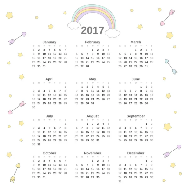 Милый красочный векторный календарь 2017 года с мультяшной радугой, звездами и стрелами — стоковый вектор