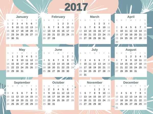 Bonito calendário vetorial colorido 2017 com flores — Vetor de Stock