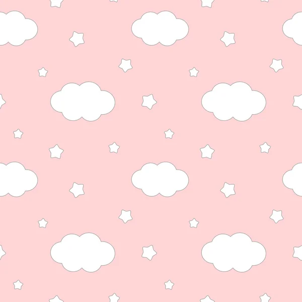 Linda nube blanca encantadora y estrellas sobre fondo rosa sin costuras patrón de vectores ilustración — Vector de stock