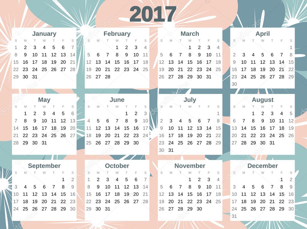 Calendrier de 2017 vecteur coloré mignon avec des fleurs — Image vectorielle ...
