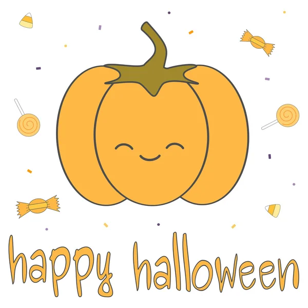 Heureux Halloween carte vectorielle de dessin animé avec citrouille et bonbons — Image vectorielle