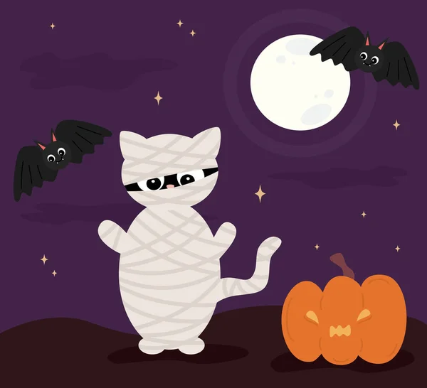 Nette Cartoon Halloween Vektor Hintergrund Illustration Mit Mumie Katze Kürbis — Stockvektor