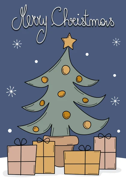 Lindo Dibujado Mano Letras Feliz Navidad Vector Tarjeta Ilustración Con — Vector de stock