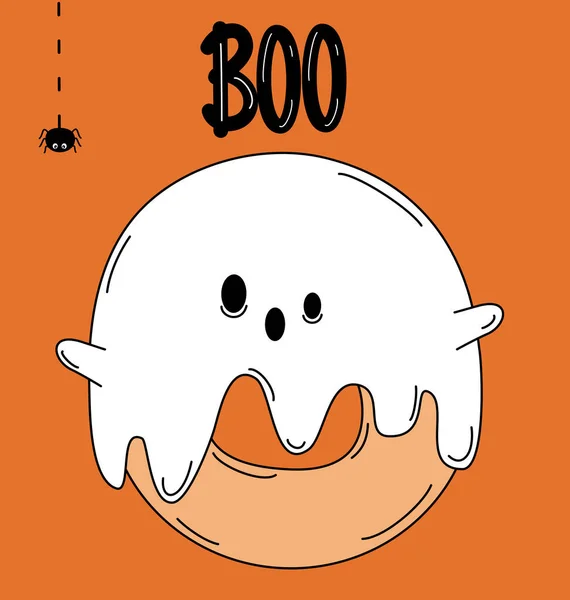 Nette Cartoon Figur Donut Geist Halloween Vektorkarte Illustration Mit Handgezeichneten — Stockvektor