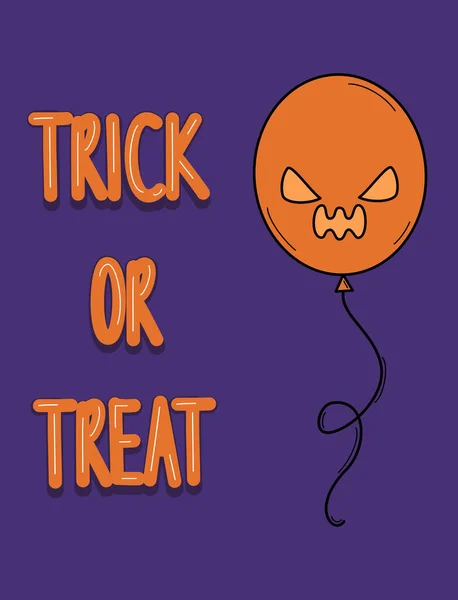 Cartão Vetor Halloween Desenhos Animados Bonito Com Balão Abóbora Truque — Vetor de Stock