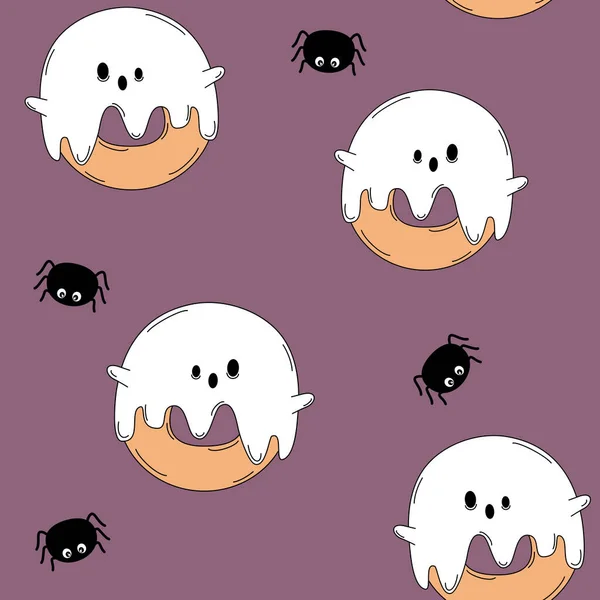 Lindo Personaje Dibujos Animados Donut Fantasma Araña Halloween Patrón Vector — Archivo Imágenes Vectoriales