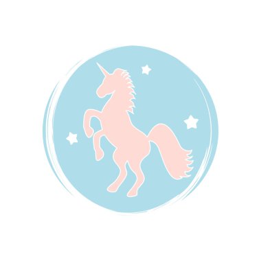 Şirin şirin tek boynuzlu at silueti logo vektör çizimi sosyal medya hikayesi için fırça desenli çember üzerinde