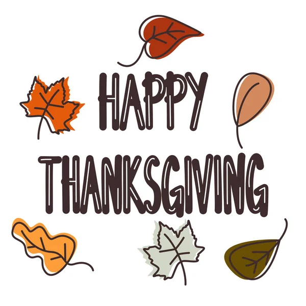 Schattige Hand Getekend Belettering Gelukkig Thanksgiving Met Herfst Bladeren Thanksgiving — Stockvector