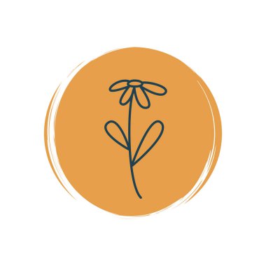 Çağdaş boho tarzında papatya çiçeği olan şirin logo veya ikon vektörü, sosyal medya hikayesi ve vurgular için fırça desenli daire üzerine illüstrasyon