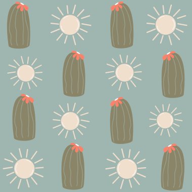  Çiçekli şirin kaktüsler ve güneşsiz vektör desenli arkaplan tasarımı çizimi