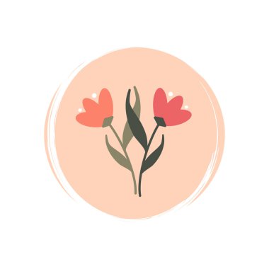 Şirin logo veya çiçekli ikon vektörü, sosyal medya hikayesi ve vurguları için fırça desenli daire üzerine illüstrasyon