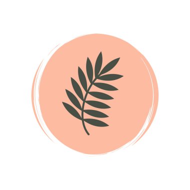 Çağdaş boho tarzında ağaç dalı ve yaprakları olan şirin logo veya simge vektörü, sosyal medya hikayesi ve vurgular için fırça desenli daire üzerine illüstrasyon