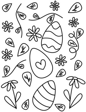 Sevimli çizgi film yaprakları, dal, Paskalya yumurtaları ve çiçekler boyama sanatı için siyah ve beyaz vektör çizimleri