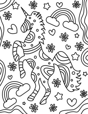 şirin karikatür unicorn, çiçekler, kalpler, yıldızlar ve gökkuşağı siyah-beyaz renk sanatı çizimi