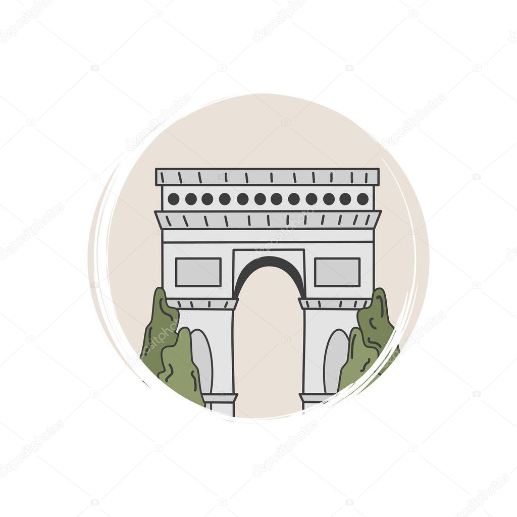 Cute logo or icon vector with Arch of Triumph, illustration on circle with brush texture, for social media story and highlights