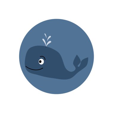 Denizde karikatür balinası olan şirin logo ya da ikon vektörü, sosyal medya hikayesi için daire şeklinde illüstrasyon ve vurgular