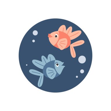 Denizdeki karikatür balıklarıyla şirin logo ya da ikon vektörü, sosyal medya hikayesi için daire üzerine illüstrasyon ve işaretler