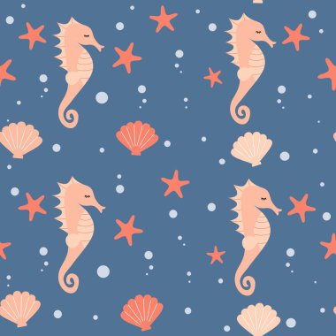 Sevimli çizgi film renkli deniz atları, deniz kabukları, denizyıldızı dikişsiz vektör desenli arkaplan çizimi