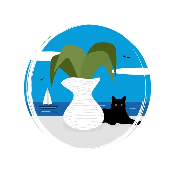 猫とかわいい漫画晴れた日ギリシャの風景シーン 植物と海のベクトルのイラストと花瓶 — ストックベクタ