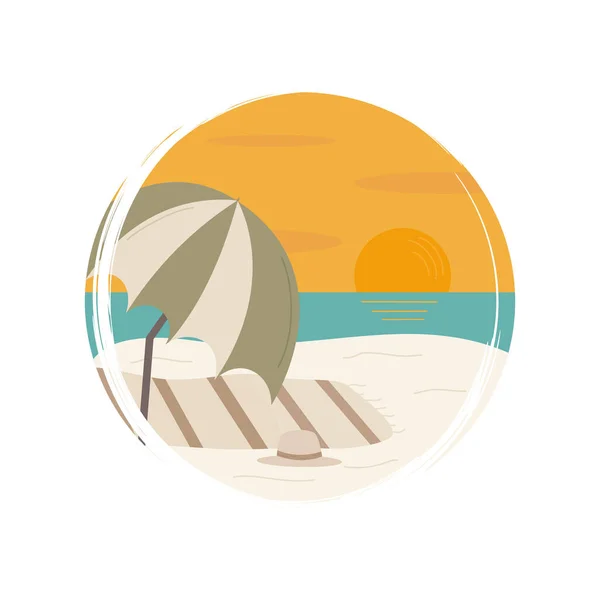 Cute Logo Icon Vector Summer Beach Scene Illustration Circle Brush — Stock Vector