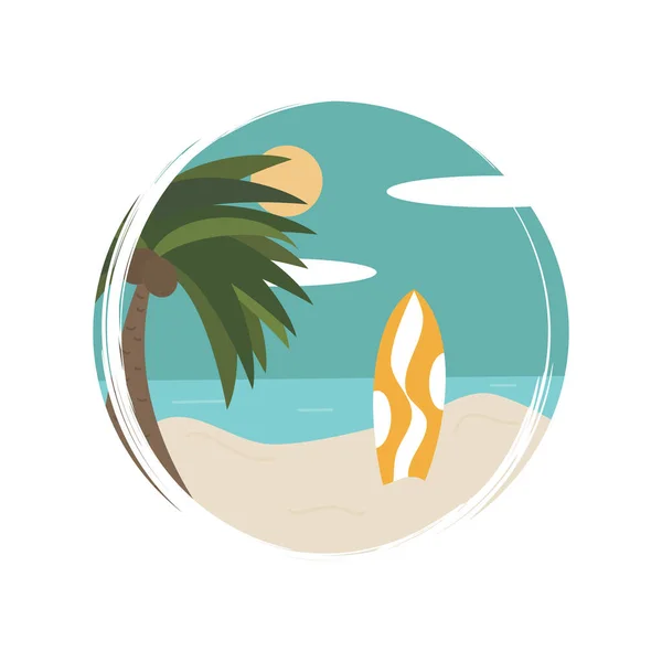 Schattig Logo Icoon Vector Met Zomer Strand Scene Illustratie Cirkel — Stockvector