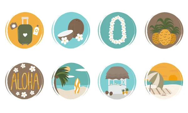 熱帯夏のハワイの要素とソーシャルメディアのハイライトのためのロゴデザインテンプレート アイコンやバッジのかわいいベクターセット — ストックベクタ