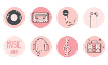 Müzik ögeleri ile sosyal medya vurgusu için logo dizayn şablonları, simgeler ve rozetleri şirin vektör seti