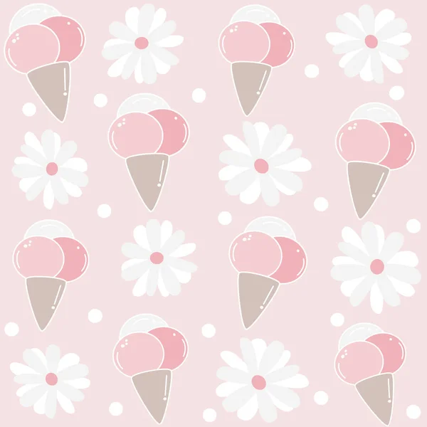 可爱的夏季无缝矢量图案背景图片与锥形冰淇淋和雏菊花 — 图库矢量图片