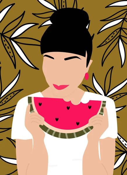 Beautiful Abstract Boho Female Portrait Watermelon Slice Modern Trendy Vector — Stock Vector