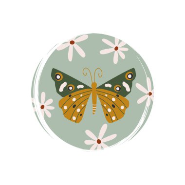 Papatya çiçekli sevimli kelebek logo logo vektör çizimi sosyal medya hikayesi için fırça desenli çember üzerinde