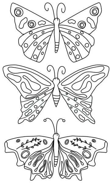 蝶のセットとかわいい黒と白のベクトルアートのデザインは本を着色するために描かれた昆虫の手のイラスト — ストックベクタ