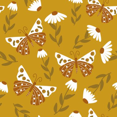 Çizgi film kelebekleri ve papatya çiçekleriyle güzel, soyut, kusursuz vektör desenli arkaplan çizimi