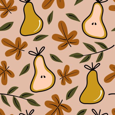 Sevimli sonbahar, dikişsiz vektör desenli armut çizimi sonbahar yaprakları ve armutlarıyla